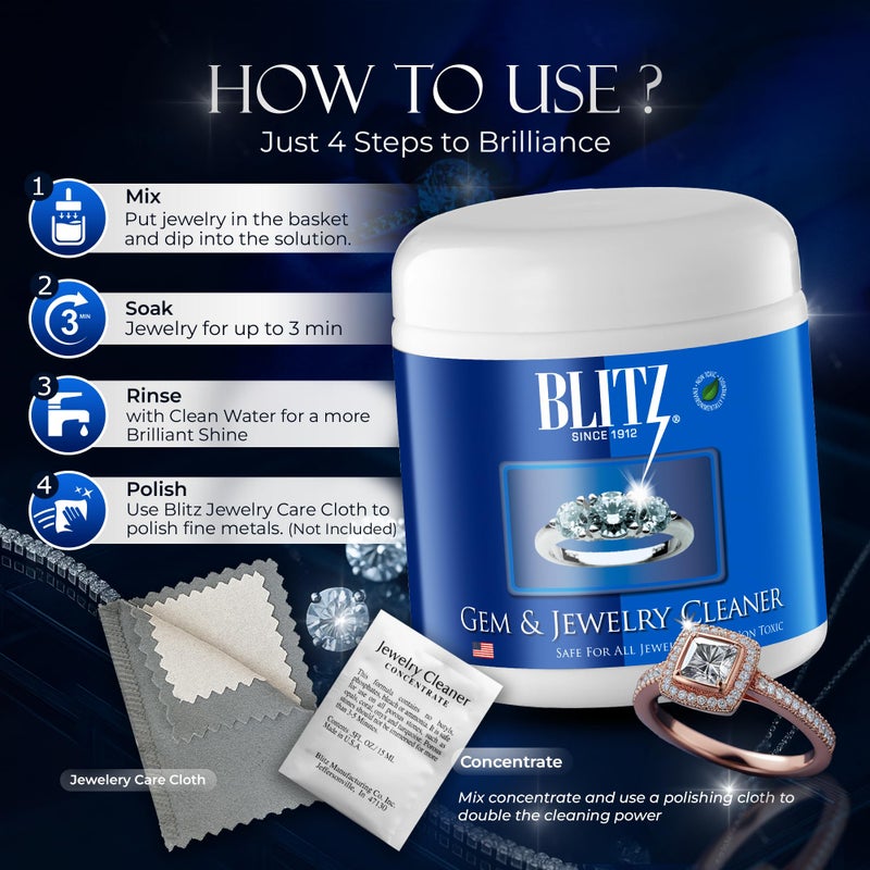 Blitz Gem & Jewelry Cleaner Cleaning Liquid for Gold, Silver, & Platinum Jewelry Cleans Precious & Semi-Precious Gemstones. Nontoxic, Non-Abrasive, & Planet Friendly, 8oz Jar With Concentrate Packet - Image 5
